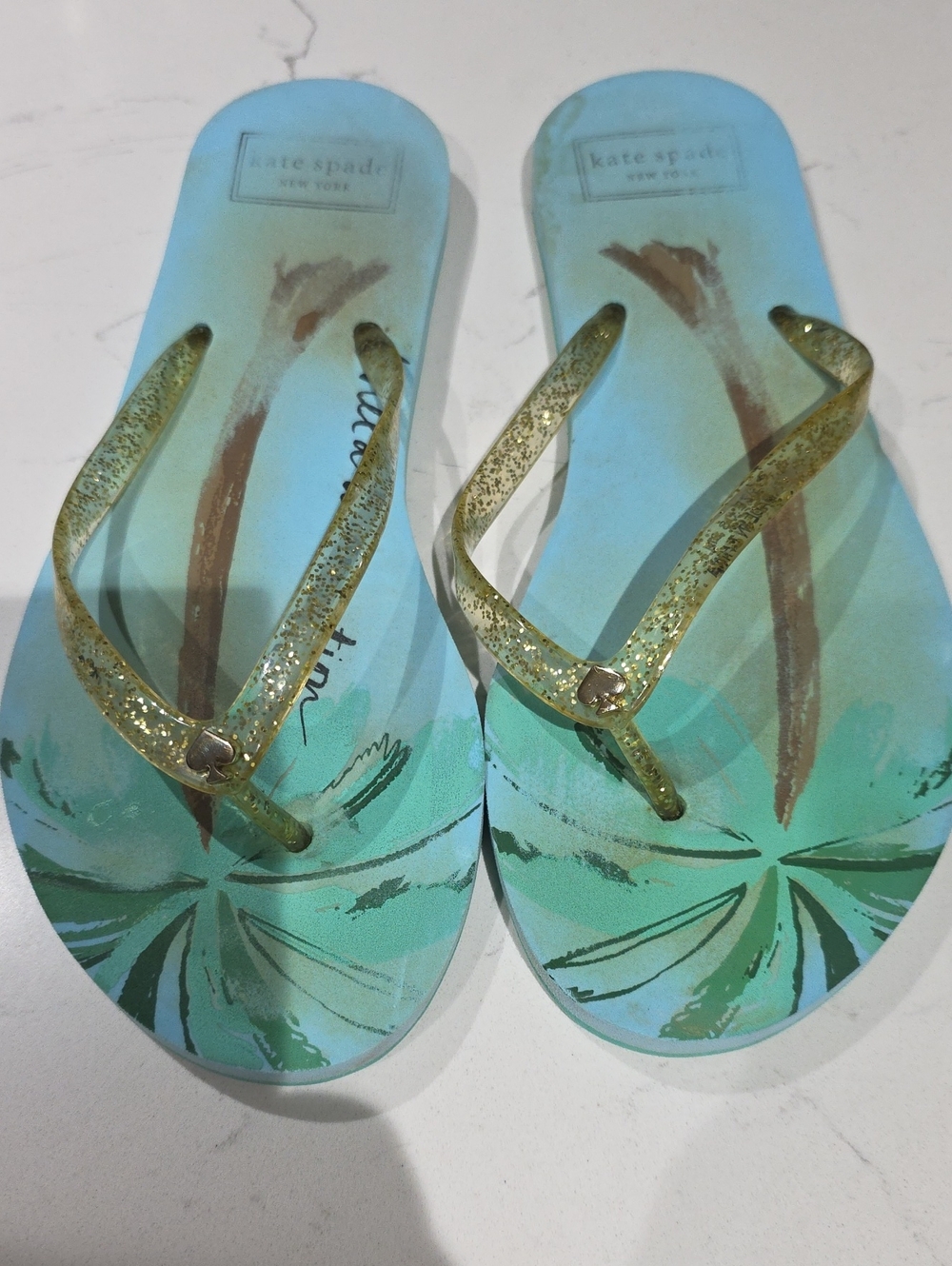 Kate Spade New York Teal Palm-Print Flip Flops with Gold Straps Size 9M